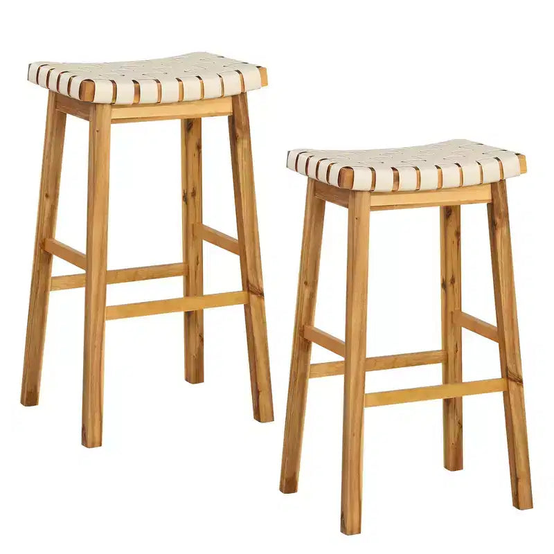 Costway Woven Saddle Stools Set of 2 31'' Faux PU Leather Bar Height Kitchen Stool Black/Beige