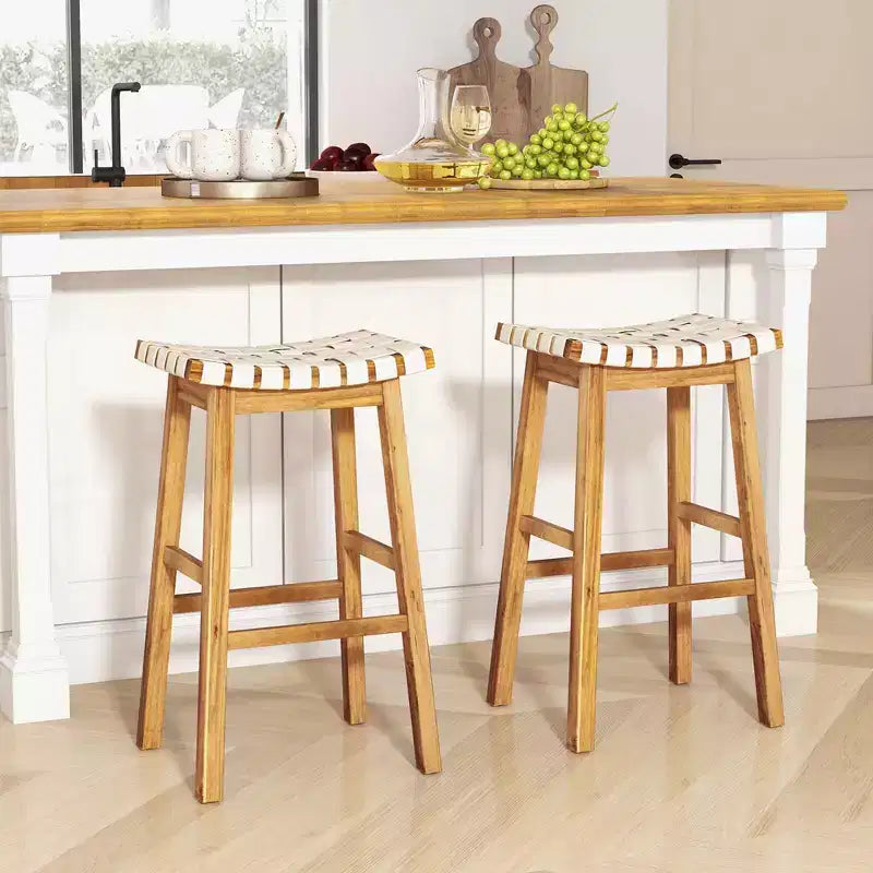 Costway Sgabelli a Sella Intrecciati Set da 2 Sgabelli da Cucina Altezza Bar in Finta Pelle PU da 31'' Nero/Beige