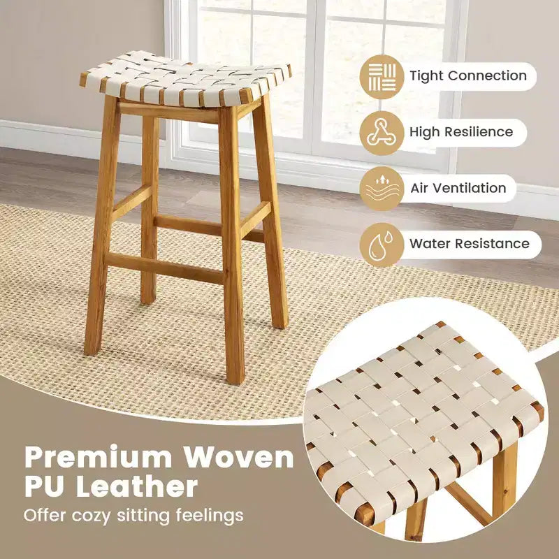 Costway Sgabelli a Sella Intrecciati Set da 2 Sgabelli da Cucina Altezza Bar in Finta Pelle PU da 31'' Nero/Beige
