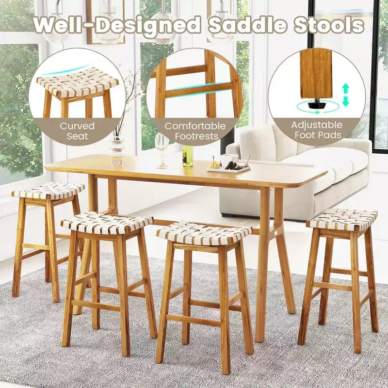 Costway Sgabelli a Sella Intrecciati Set da 2 Sgabelli da Cucina Altezza Bar in Finta Pelle PU da 31'' Nero/Beige