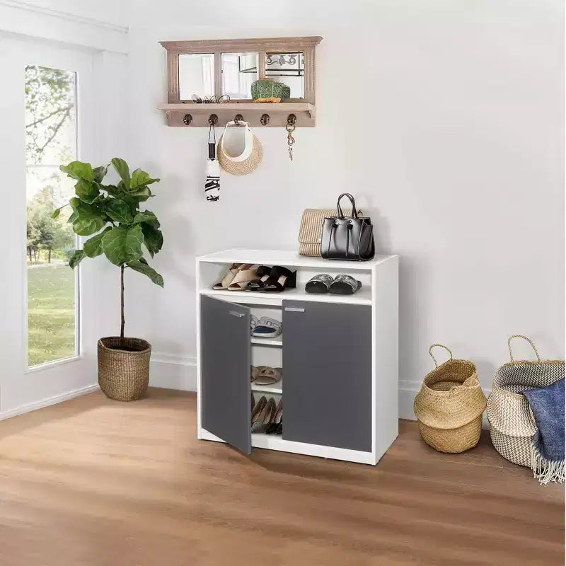 Scarpiera a 2 ante con ripiano aperto, Bianco e Grigio