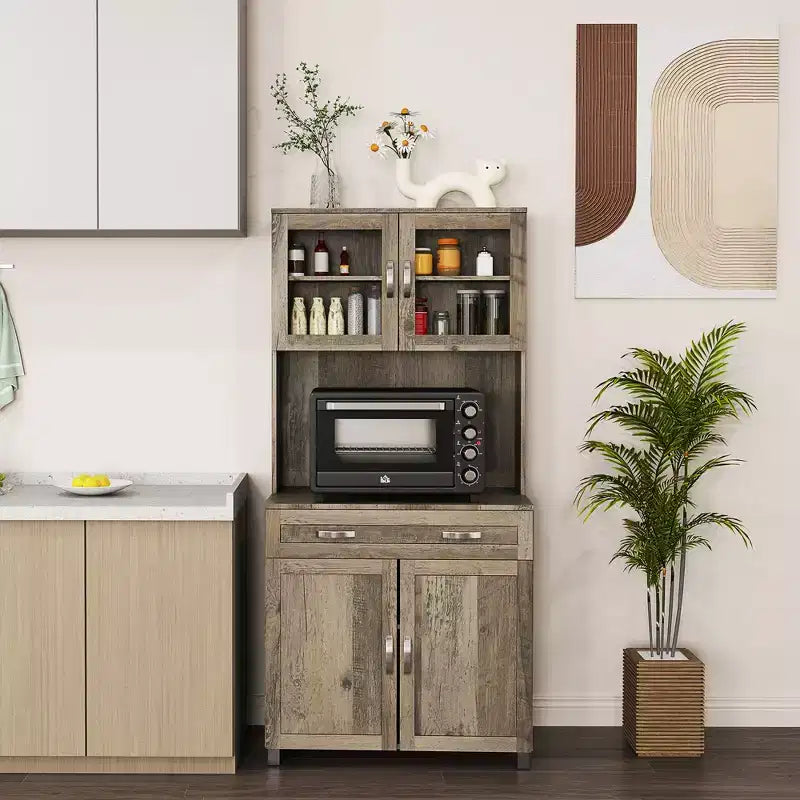 Credenza da 170 cm con cristalliera, mobile dispensa da cucina con ante in vetro, mensole e cassetti