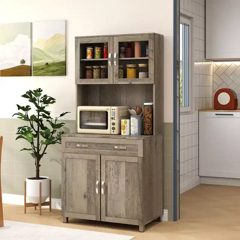 Credenza da 170 cm con cristalliera, mobile dispensa da cucina con ante in vetro, mensole e cassetti