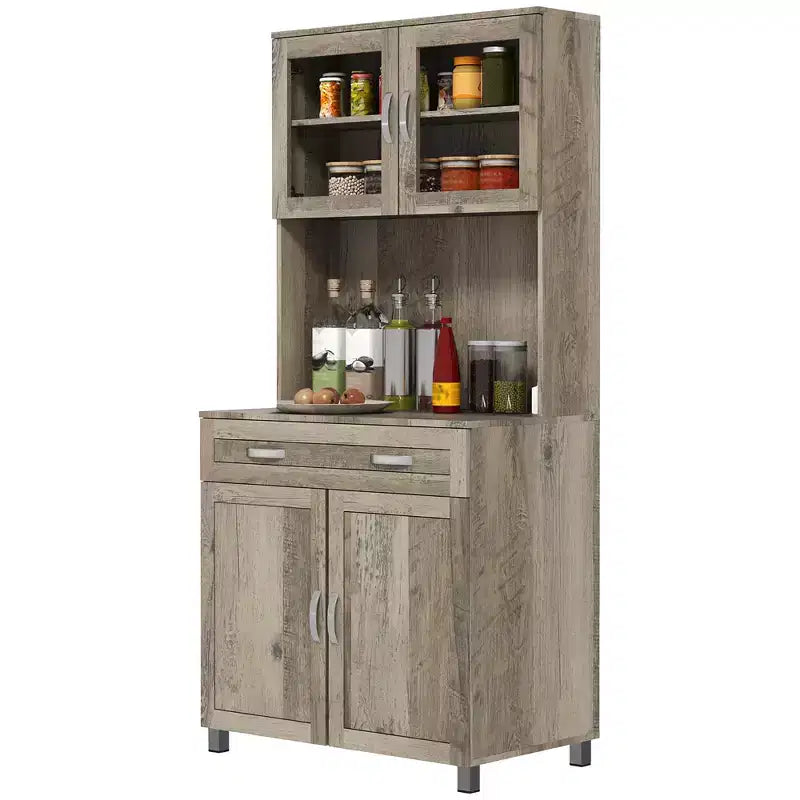 Credenza da 170 cm con cristalliera, mobile dispensa da cucina con ante in vetro, mensole e cassetti