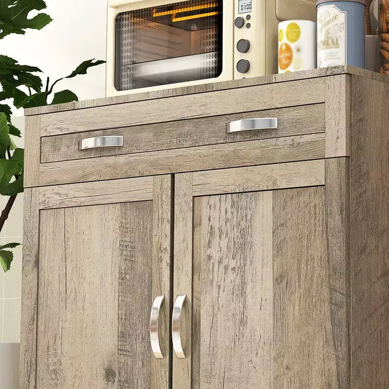 Credenza da 170 cm con cristalliera, mobile dispensa da cucina con ante in vetro, mensole e cassetti