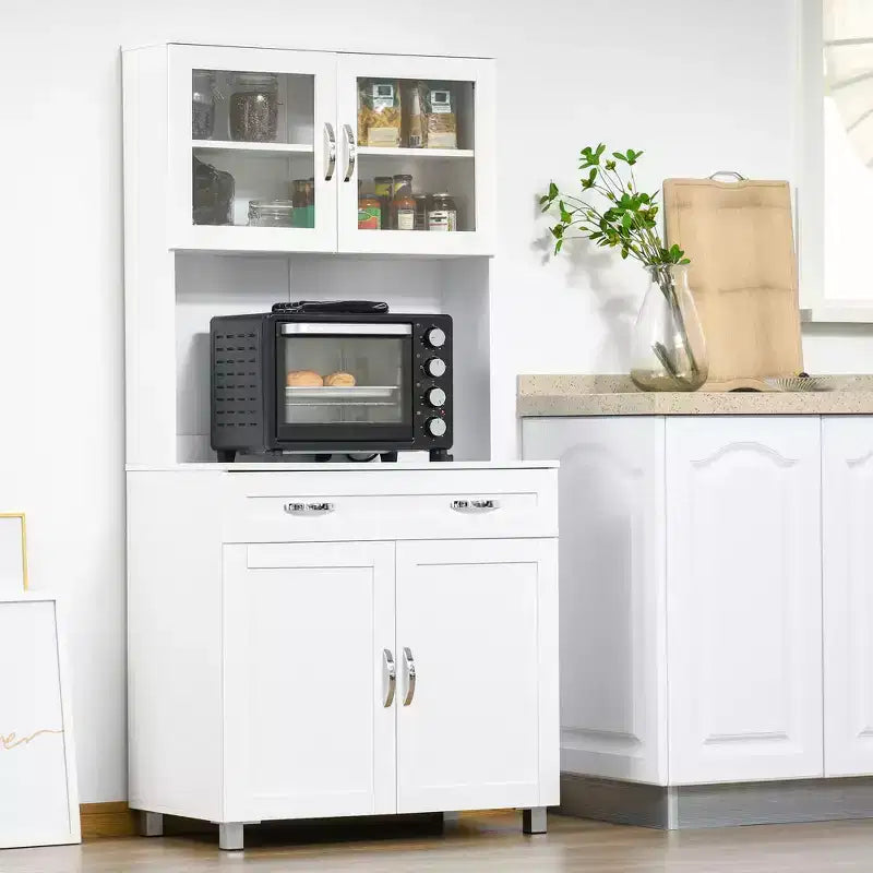 Credenza da 170 cm con cristalliera, mobile dispensa da cucina con ante in vetro, mensole e cassetti