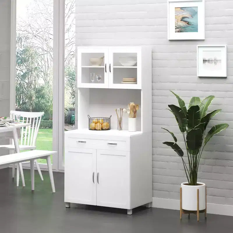 Credenza da 170 cm con cristalliera, mobile dispensa da cucina con ante in vetro, mensole e cassetti