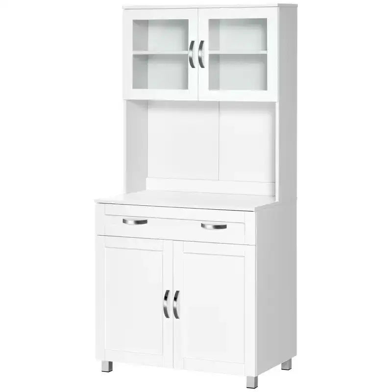 Credenza da 170 cm con cristalliera, mobile dispensa da cucina con ante in vetro, mensole e cassetti