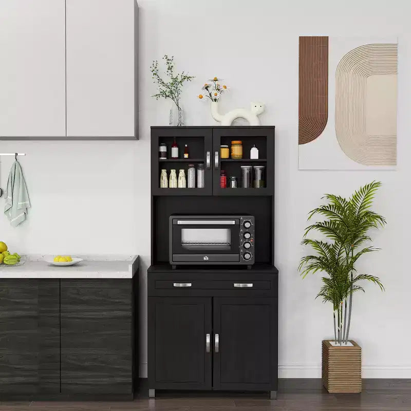 Credenza da 170 cm con cristalliera, mobile dispensa da cucina con ante in vetro, mensole e cassetti
