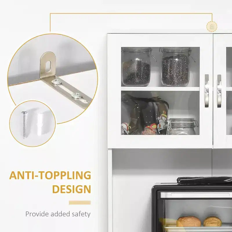 Credenza da 170 cm con cristalliera, mobile dispensa da cucina con ante in vetro, mensole e cassetti