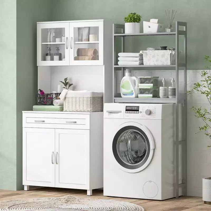 Credenza da 170 cm con cristalliera, mobile dispensa da cucina con ante in vetro, mensole e cassetti