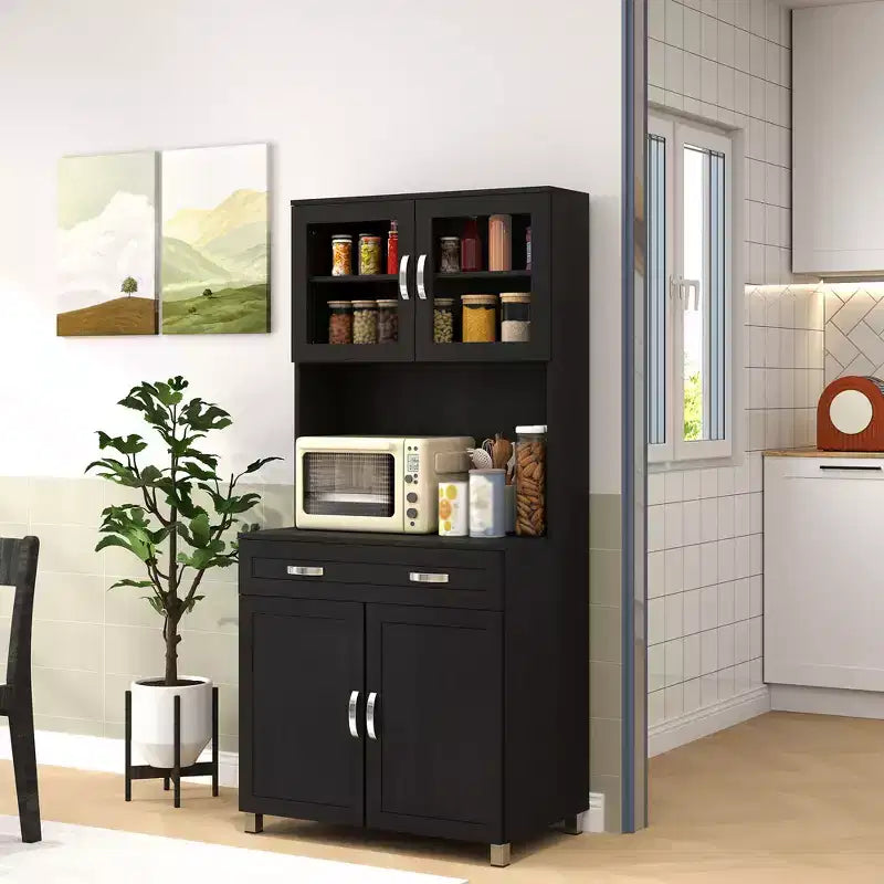 Credenza da 170 cm con cristalliera, mobile dispensa da cucina con ante in vetro, mensole e cassetti