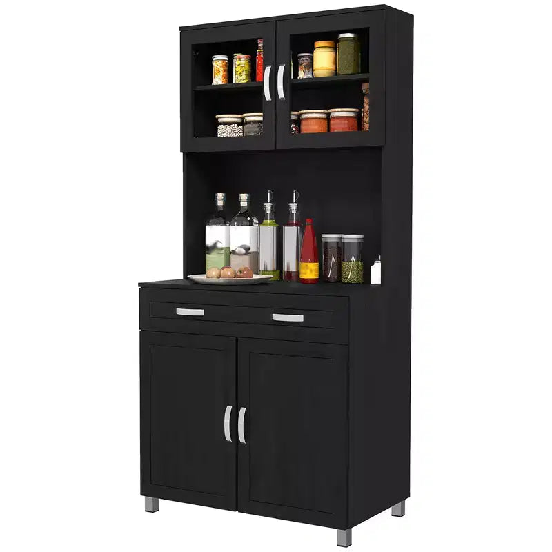 Credenza da 170 cm con cristalliera, mobile dispensa da cucina con ante in vetro, mensole e cassetti