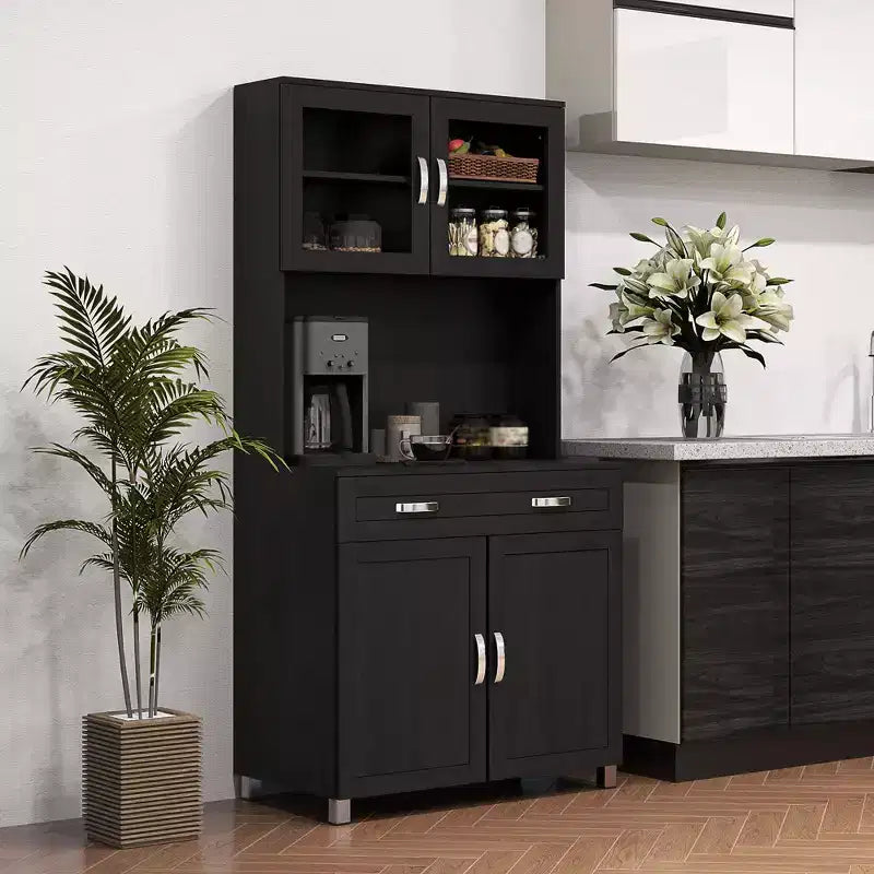 Credenza da 170 cm con cristalliera, mobile dispensa da cucina con ante in vetro, mensole e cassetti