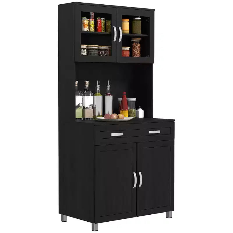 Credenza da 170 cm con cristalliera, mobile dispensa da cucina con ante in vetro, mensole e cassetti