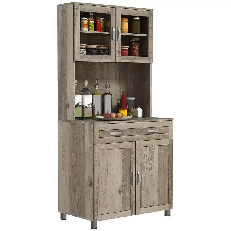 Credenza da 170 cm con cristalliera, mobile dispensa da cucina con ante in vetro, mensole e cassetti