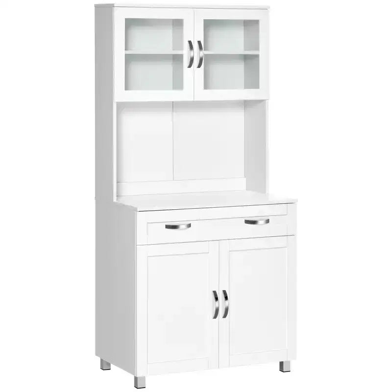 Credenza da 170 cm con cristalliera, mobile dispensa da cucina con ante in vetro, mensole e cassetti
