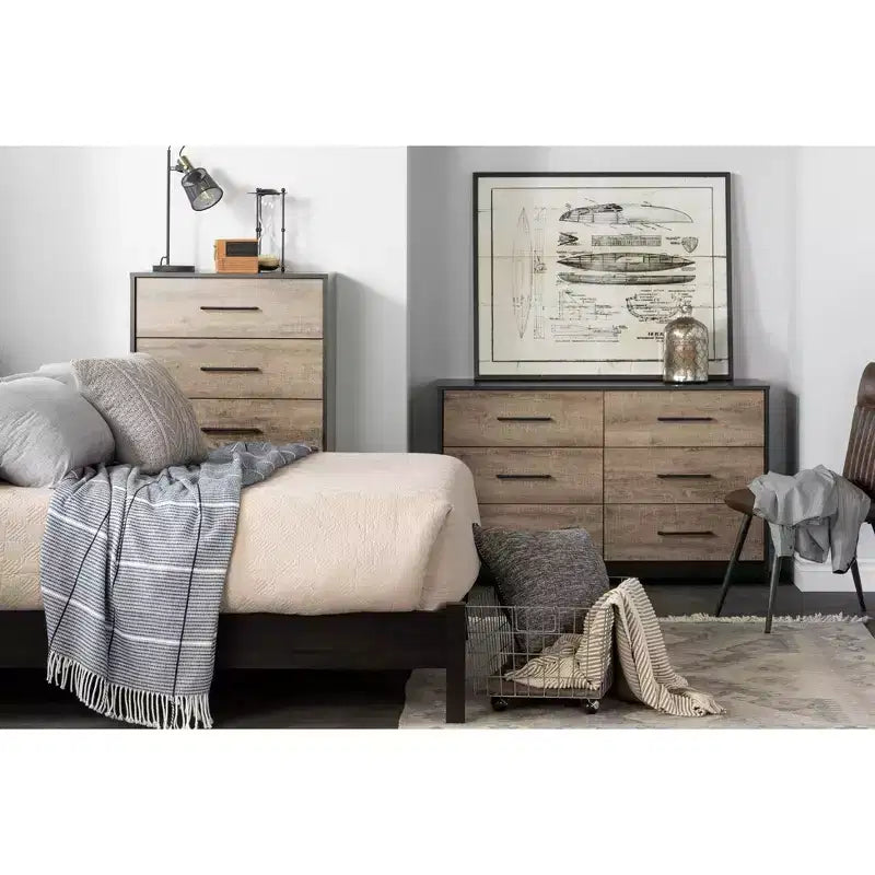 South Shore Londen 6 Drawer Double Dresser Rubbed Black/Weathered Oak: Contemporary Storage Chest with Metal Slides