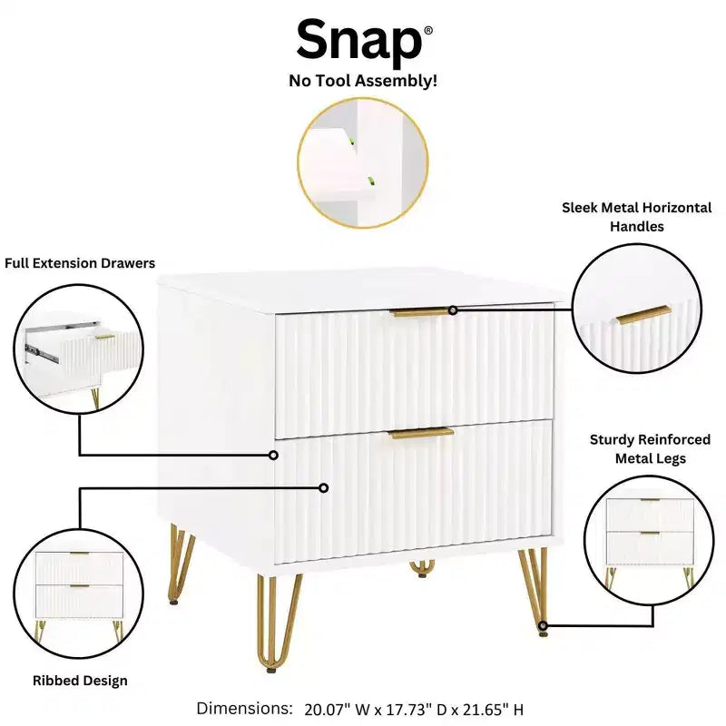 Manhattan Comfort Dumbo Comodino a 2 Cassetti Bianco: Tavolino da Notte Moderno in MDF con Guide Metalliche, Contenitore