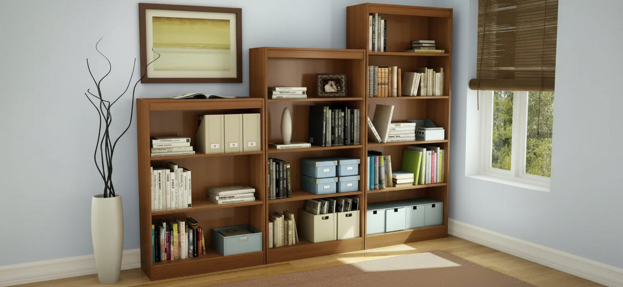 South Shore Libreria decorativa Morgan Cherry marrone da 56": scaffalatura verticale in truciolato, capacità 25 lb, altezza 56"