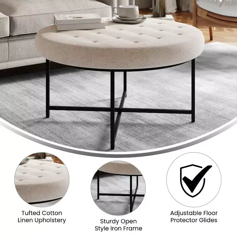 Flash Furniture Ashton Poggiapiedi rotondo imbottito in cotone e lino da 34" con struttura in metallo