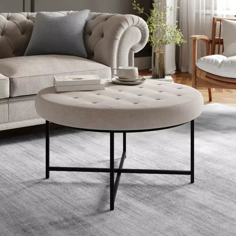 Flash Furniture Ashton Poggiapiedi rotondo imbottito in cotone e lino da 34" con struttura in metallo