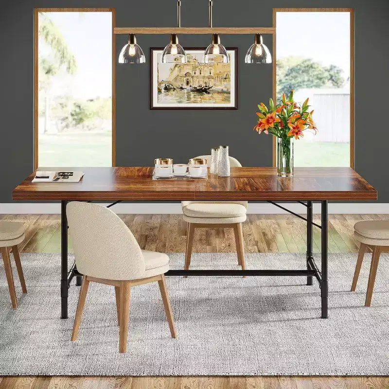 Tavolo da pranzo Lantine da 70,9 pollici per 6-8 persone, tavolo da cucina rettangolare in legno con struttura in metallo tubolare per sala da pranzo, soggiorno