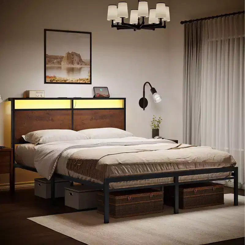 Hausource Letto Matrimoniale in Metallo con Testiera a LED, Nessuna Base a Molle Necessaria