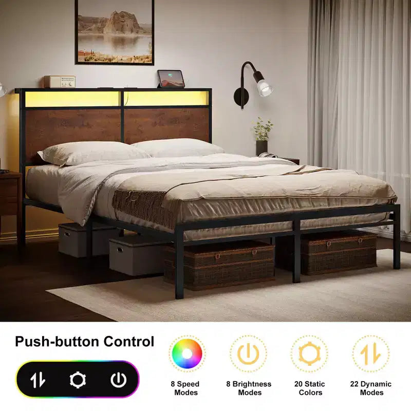 Hausource Letto Matrimoniale in Metallo con Testiera a LED, Nessuna Base a Molle Necessaria