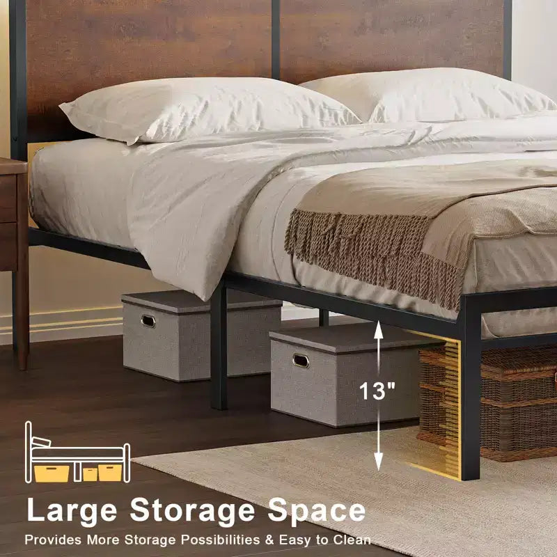 Hausource Letto Matrimoniale in Metallo con Testiera a LED, Nessuna Base a Molle Necessaria