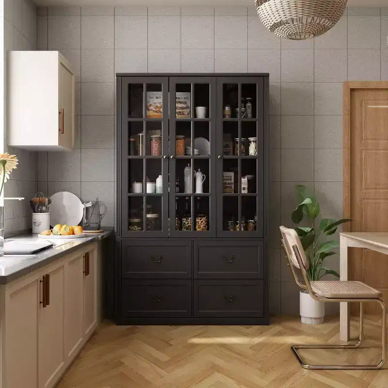 Famapy 47.2''W Glass Doors Display Cabinet Wooden Organizer Pantry Black