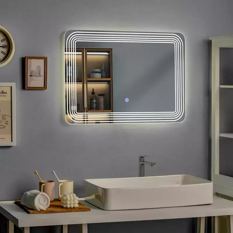 Costway Specchio da Bagno Rettangolare a LED da Parete Dimmerabile a 3 Colori con Interruttore a Sfioramento per Trucco