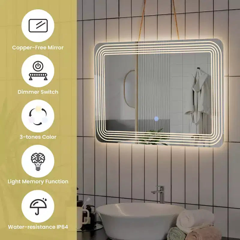 Costway Specchio da Bagno Rettangolare a LED da Parete Dimmerabile a 3 Colori con Interruttore a Sfioramento per Trucco