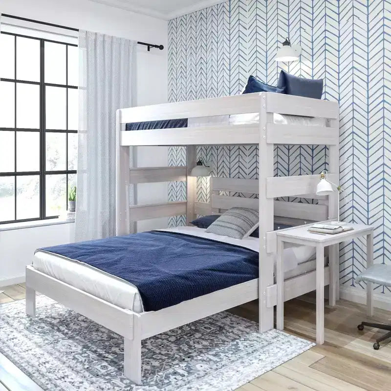 Plank+Beam Solid Wood Farmhouse Twin over Queen L-Shaped Bunk Bed Bed with Desk