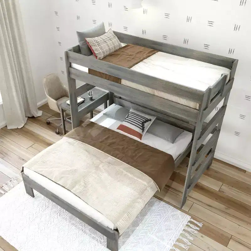 Letto a Castello a L in Legno Massello Stile Rustico, Matrimoniale su Piazza e Mezza con Scrivania