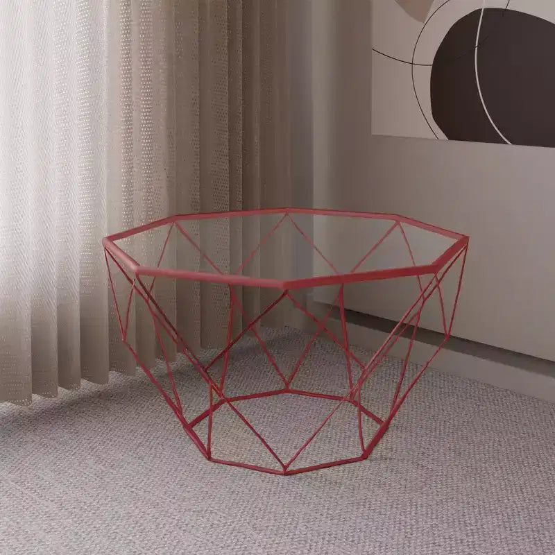 Tavolino da Caffè Ottagonale da 31" con Piano in Vetro e Base a Struttura Geometrica in Filo Metallico