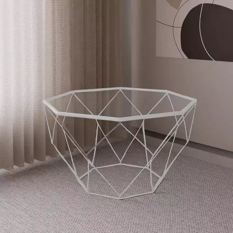 Tavolino da Caffè Ottagonale da 31" con Piano in Vetro e Base a Struttura Geometrica in Filo Metallico