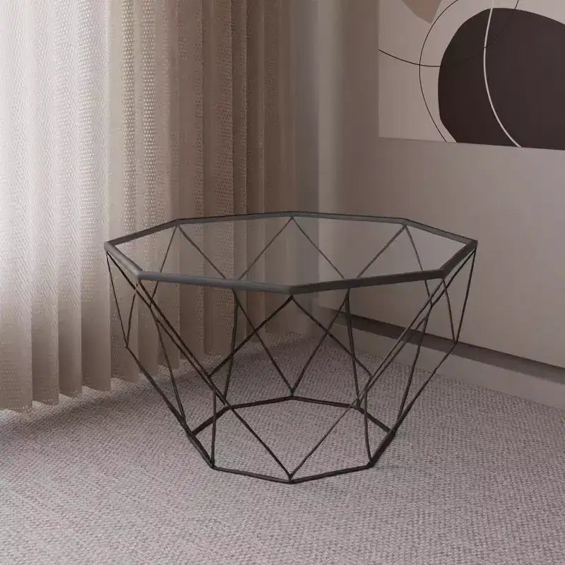 Tavolino da Caffè Ottagonale da 31" con Piano in Vetro e Base a Struttura Geometrica in Filo Metallico
