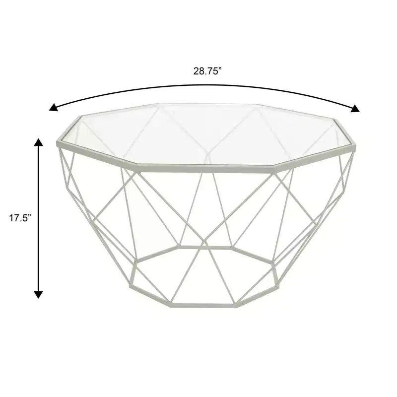 Tavolino da Caffè Ottagonale da 31" con Piano in Vetro e Base a Struttura Geometrica in Filo Metallico
