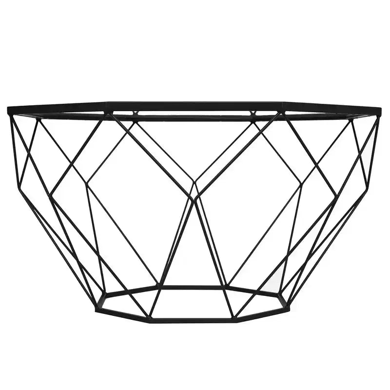Tavolino da Caffè Ottagonale da 31" con Piano in Vetro e Base a Struttura Geometrica in Filo Metallico