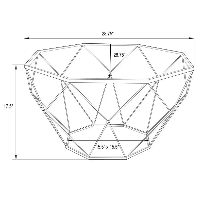 Tavolino da Caffè Ottagonale da 31" con Piano in Vetro e Base a Struttura Geometrica in Filo Metallico
