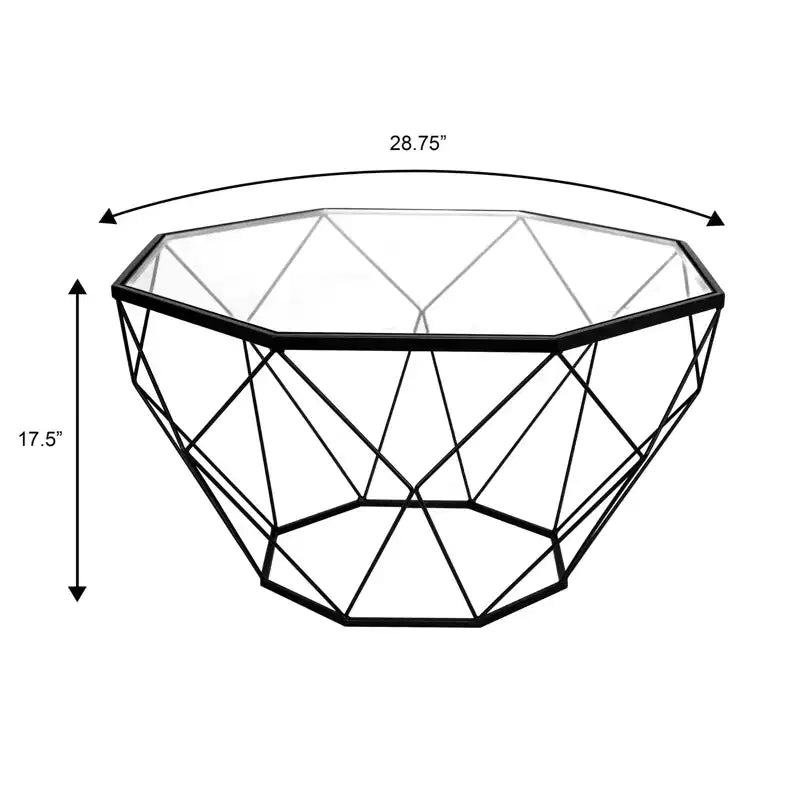 Tavolino da Caffè Ottagonale da 31" con Piano in Vetro e Base a Struttura Geometrica in Filo Metallico