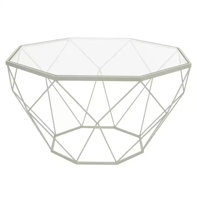 Tavolino da Caffè Ottagonale da 31" con Piano in Vetro e Base a Struttura Geometrica in Filo Metallico