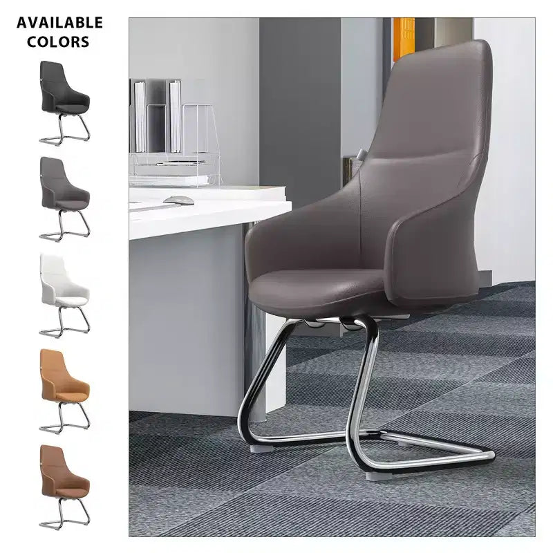 Sedia da ufficio moderna in pelle con base a slitta in ferro, sedia ergonomica per scrivania e ospiti